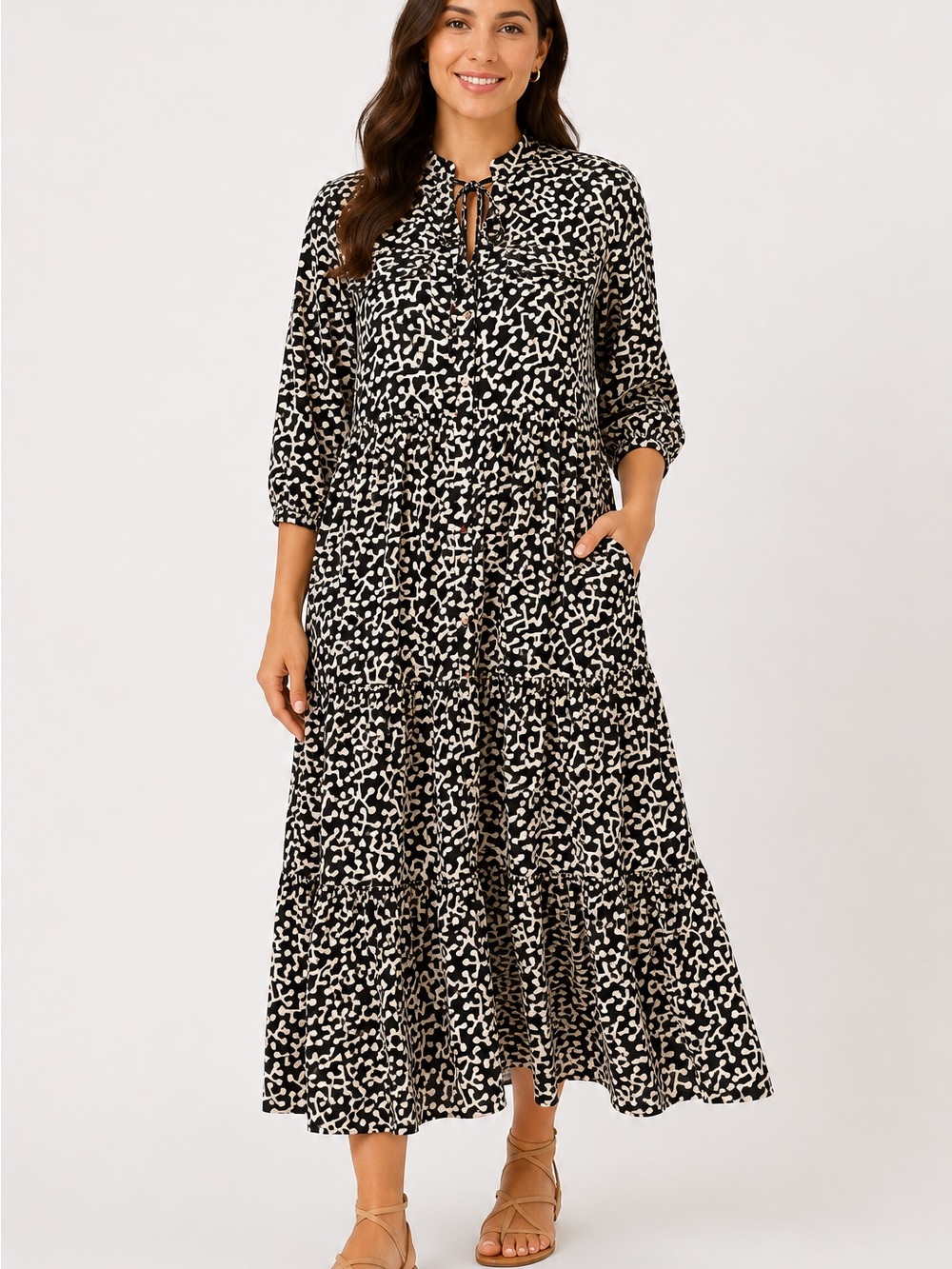 Zara Black White Abstract Printed Sleeve Relaxed Midi Dress XS 100% cotton Swing